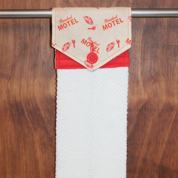 ROSEBUD MOTEL SCHITT'S CREEK HAND TOWEL RED & WHITE HANDMADE HANGING KITCHEN - Picture 4 of 4